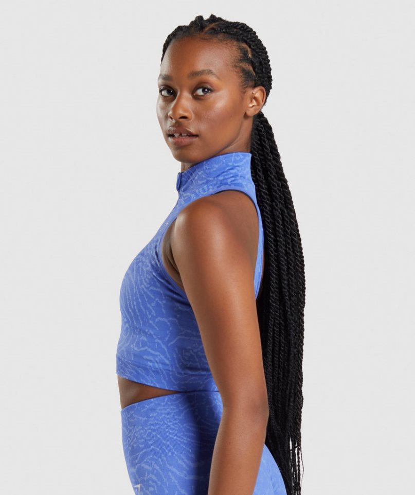 Women's Gymshark Adapt Animal Seamless 1/2 Zip Cropped Tops Blue | CA 0N5A73